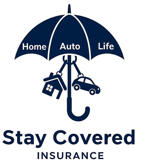 Stay Covered Insurance logo featuring an umbrella with Home, Auto, and Life coverage areas and icons for a house and car