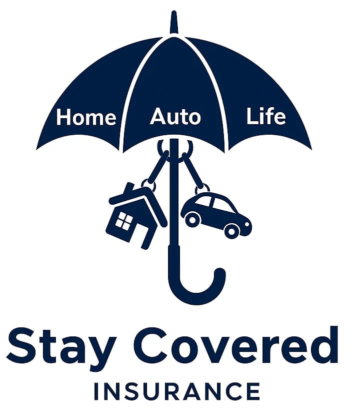 Stay Covered Insurance logo featuring an umbrella with Home, Auto, and Life coverage areas and icons for a house and car